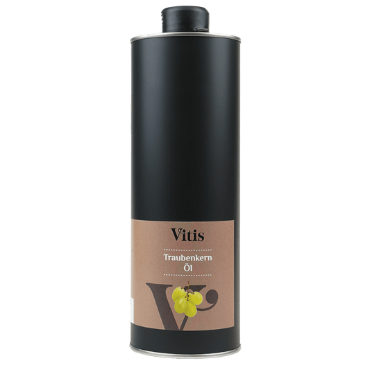 Eine ein Liter Dose kaltgepresstes Traubenkernöl der Firma Vitis Traubenkern GmbH.
