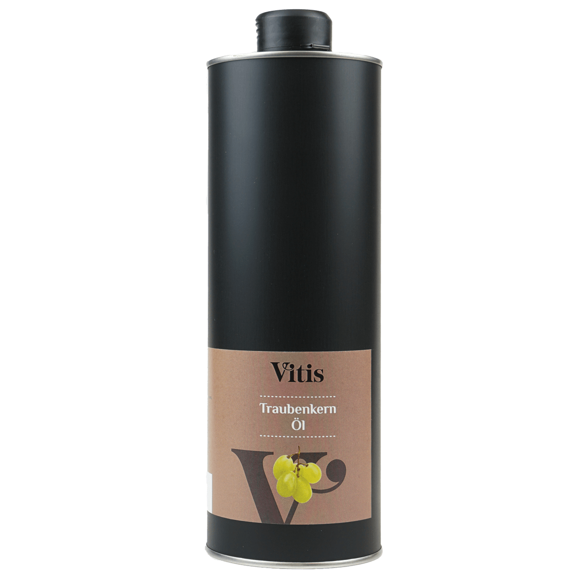 Eine ein Liter Dose kaltgepresstes Traubenkernöl der Firma Vitis Traubenkern GmbH.