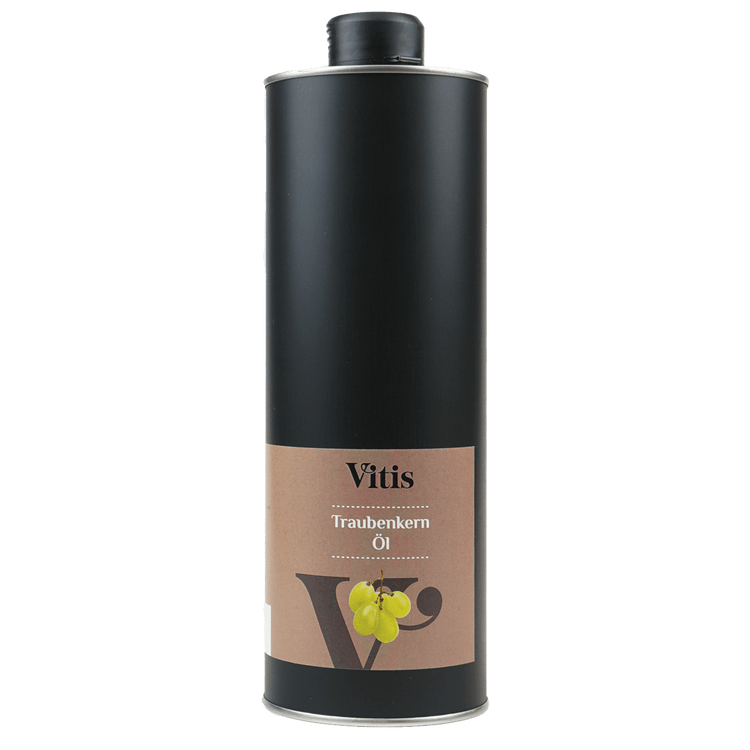 Eine ein Liter Dose kaltgepresstes Traubenkernöl der Firma Vitis Traubenkern GmbH.