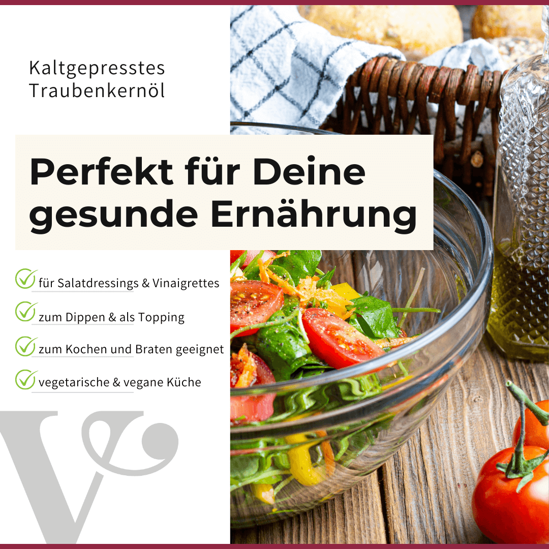 Eine Schüssel mit Blattsalat und einem Text zu den Vorteilen von Vitis kaltgepressten Traubenkernöl.
