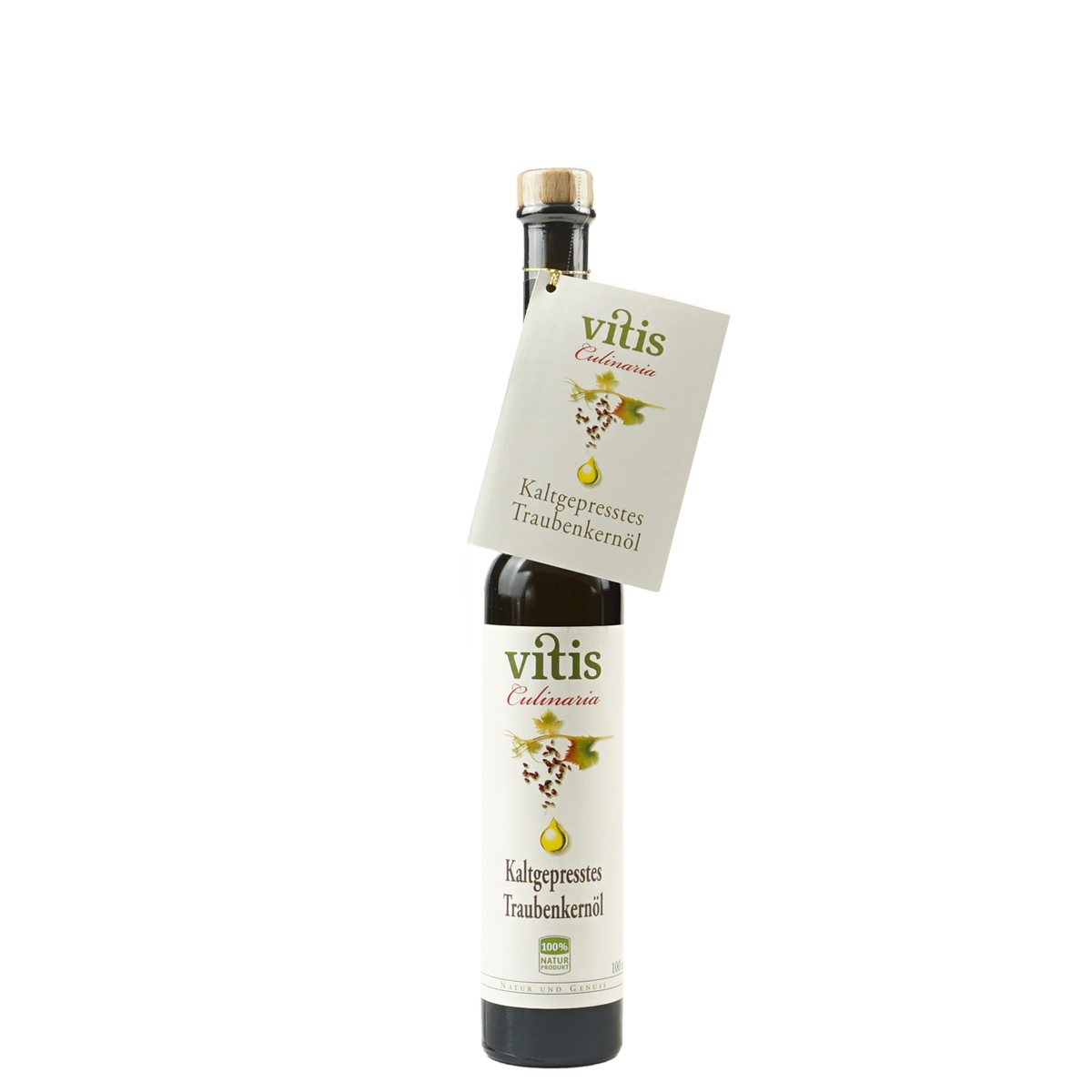 EIne Flasche 100ml Traubenkernöl im Culinaria Design der Firma Vitis Traubenkern GmbH.