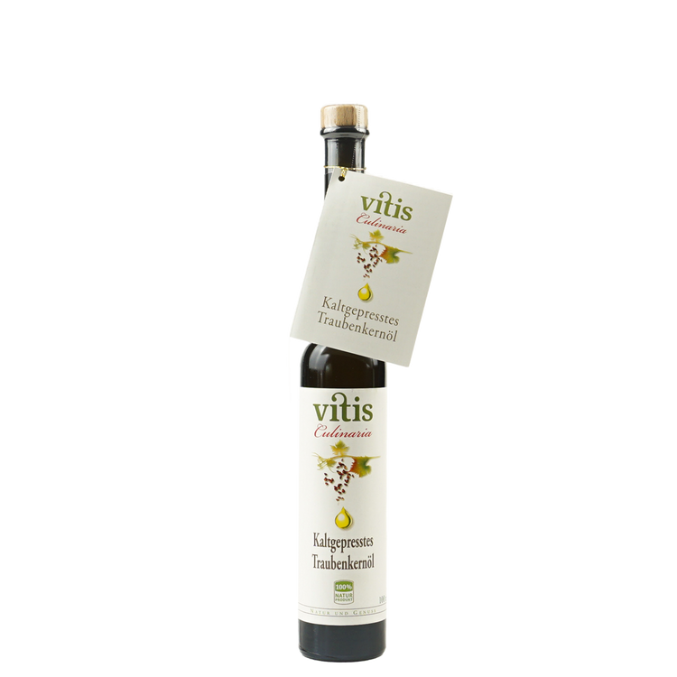 EIne Flasche 100ml Traubenkernöl im Culinaria Design der Firma Vitis Traubenkern GmbH.