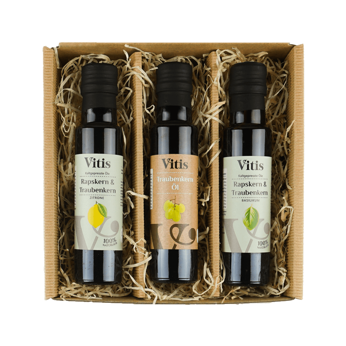Eine Geschenkbox mit drei Raps- und Traubenkernölen der Firma Vitis Traubenkern GmbH.