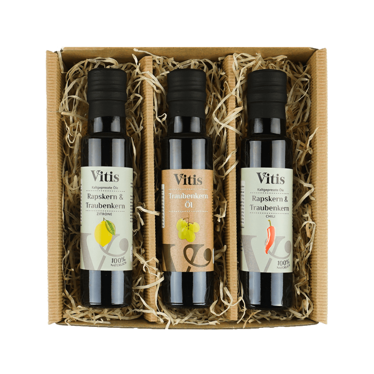 Eine Geschenkbox mit drei Raps- und Traubenkernölen der Firma Vitis Traubenkern GmbH.