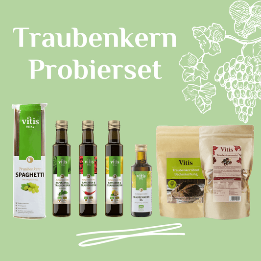 Traubenkernspaghetti, verschiedene Traubenkernöle, Traubenkernmehl und Traubenkernbrot des Traubenkern Probiersets von Vitis24.