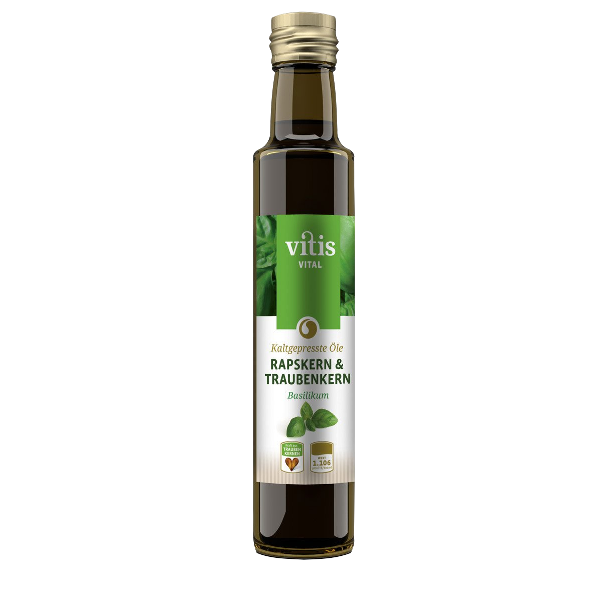 eine Flasche Raps- und Traubenkernöl Geschmacksrichtung Basilikum von der Firma Vitis Traubenkern GmbH