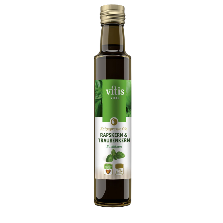 eine Flasche Raps- und Traubenkernöl Geschmacksrichtung Basilikum von der Firma Vitis Traubenkern GmbH