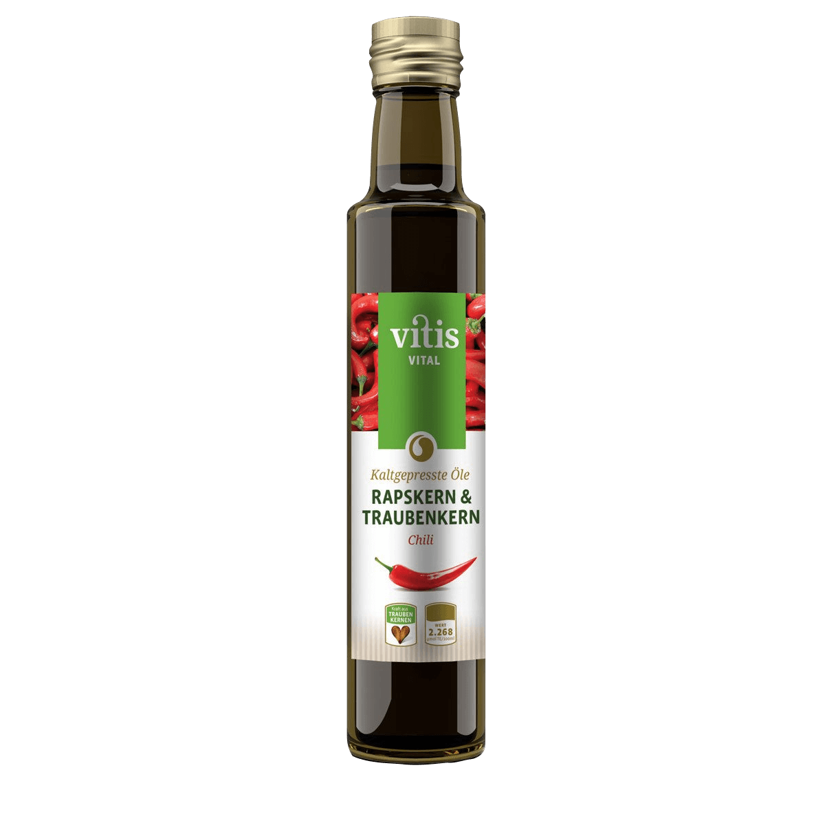Eine Flasche Raps- und Traubenkernöl Geschmacksnote Chili von der Firma Vitis Traubenkern GmbH.