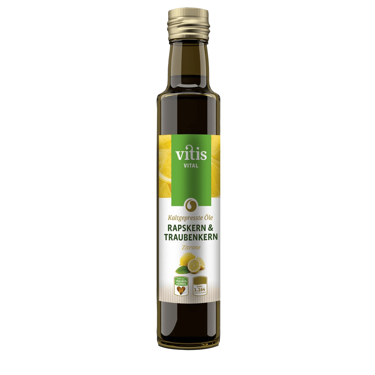Eine Flasche Raps- und Traubenkernöl Geschmacksrichtung Zitrone von der Firma Vitis Traubenkern GmbH.