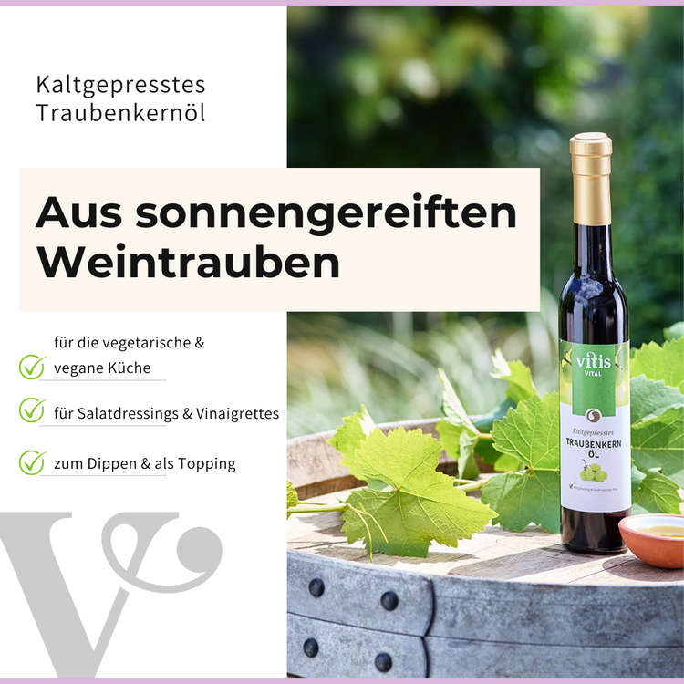 eine Flasche kaltgepresstes Traubenkernöl von Vitis Traubenkern GmbH mit einem Text auf der linken Seite über die Anwendungsmöglichkeiten von Traubenkernöl