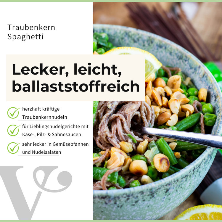 eine Schale Nudelsalat mit Traubenkern Spaghetti von Vitis24 und einem Text zu den Vorteilen von Traubenkernnudeln