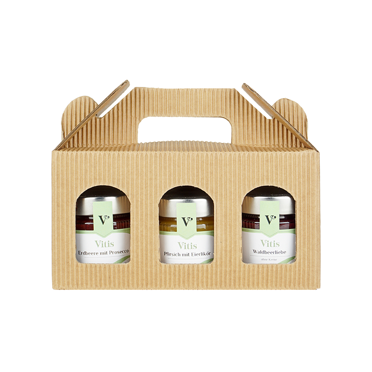 eine Geschenkbox mit den Fruchtaufstrichen Waldbeerliebe, Pfirsich mit Eierlikör und Erdbeere mit weißer Schokolade der Firma Vitis Traubenkern GmbH
