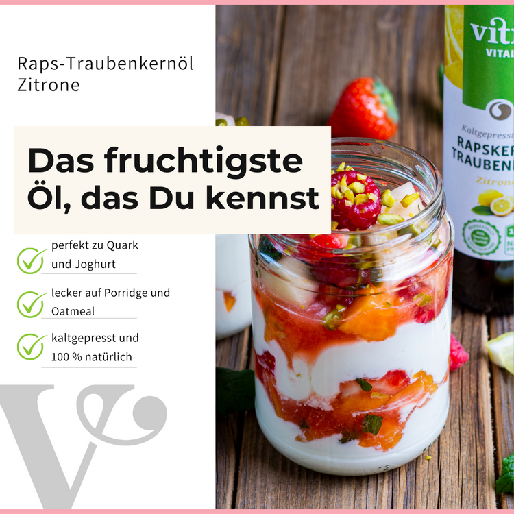 ein Dessert mit Raps- & Traubenkernöl Zitrone von Vitis24 und einem Text zum fruchtigen Geschmack