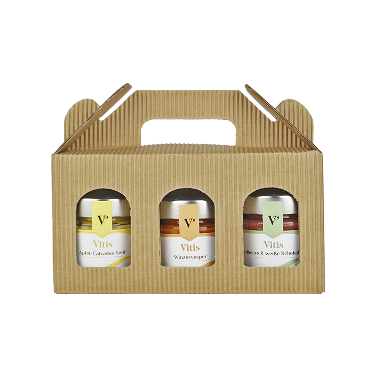 eine Geschenkbox mit den Feinkost Spezialitäten Apfel-Calvados Senf, Winzervesper Brotaufstrich und Erdbeere mit Prosecco Fruchtaufstrich der Firma Vitis Traubenkern GmbH