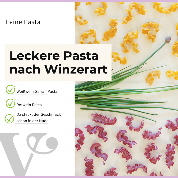 ein Bild mit Weißwein Safran Pasta und Rotwin Pasta von Vitis24 und einem Text links über die Pasta von Vitis24