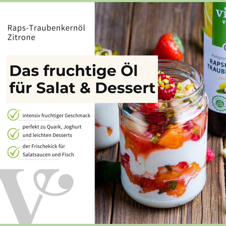 ein Dessert mit Raps- & Traubenkernöl Zitrone von Vitis24 und einem Text zum fruchtigen Geschmack