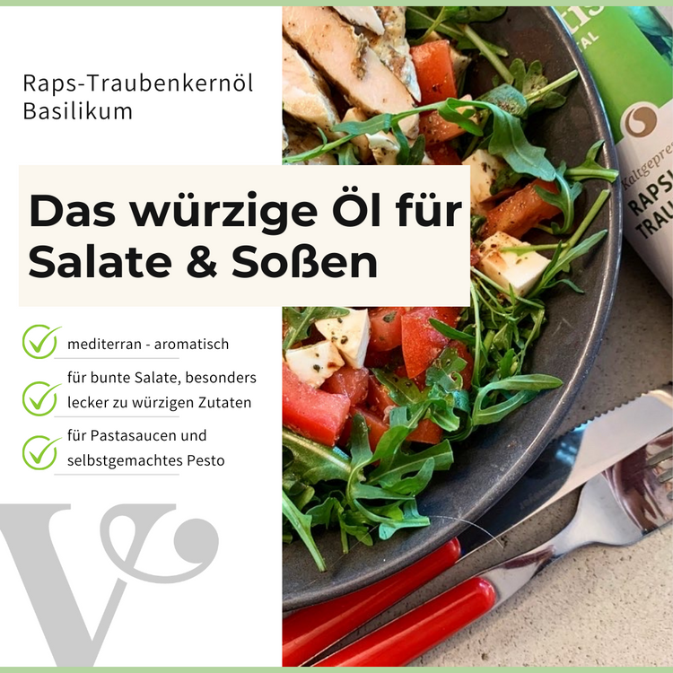 ein Teller mit Blattsalat und Putenstreifen, dazu ein Text mit Vorteilen und Anwendungstipps von Raps- & Traubenkernöl Basilikum von Vitis24