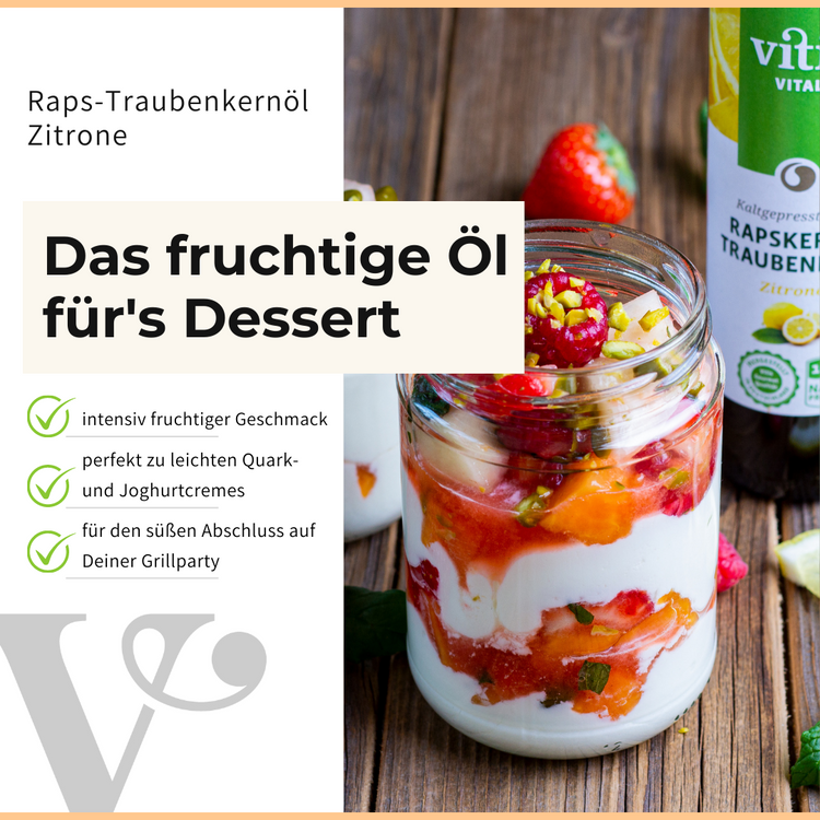 ein Dessert mit Raps- & Traubenkernöl Zitrone von Vitis24 und einem Text zum fruchtigen Geschmack