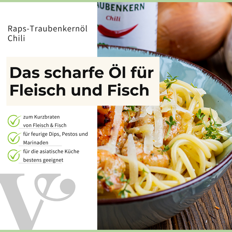 eine Schale mit Nudelsalat und einem Text mit Vorteilen und Anwendungstipps von Vitis24 Raps- und Traubenkernöl Chili