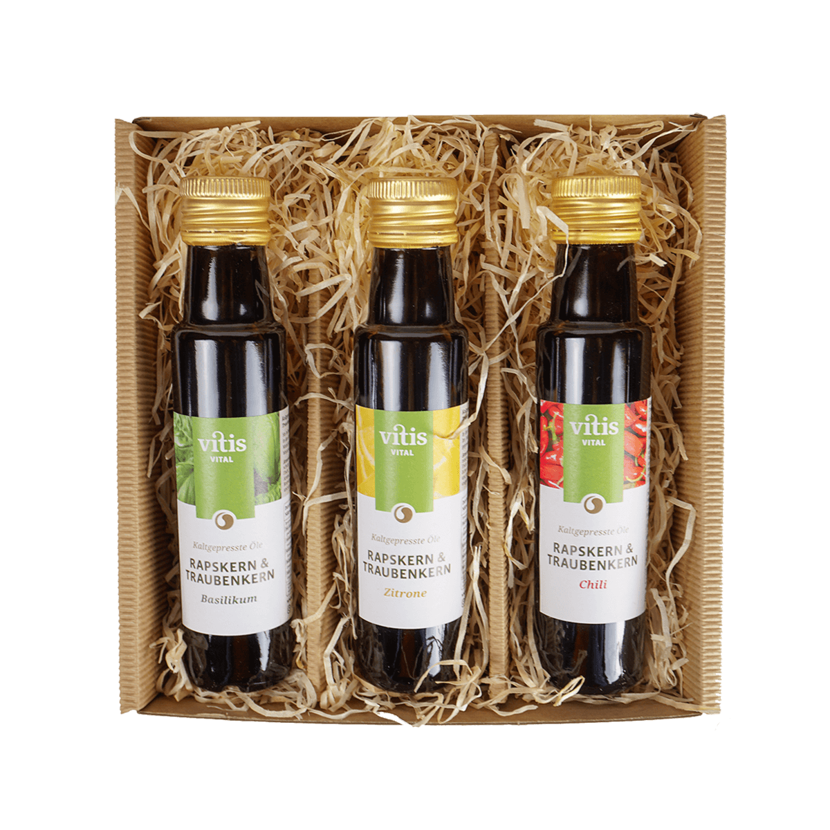 Eine Geschenkbox mit drei Raps- und Traubenkernölen der Firma Vitis Traubenkern GmbH.