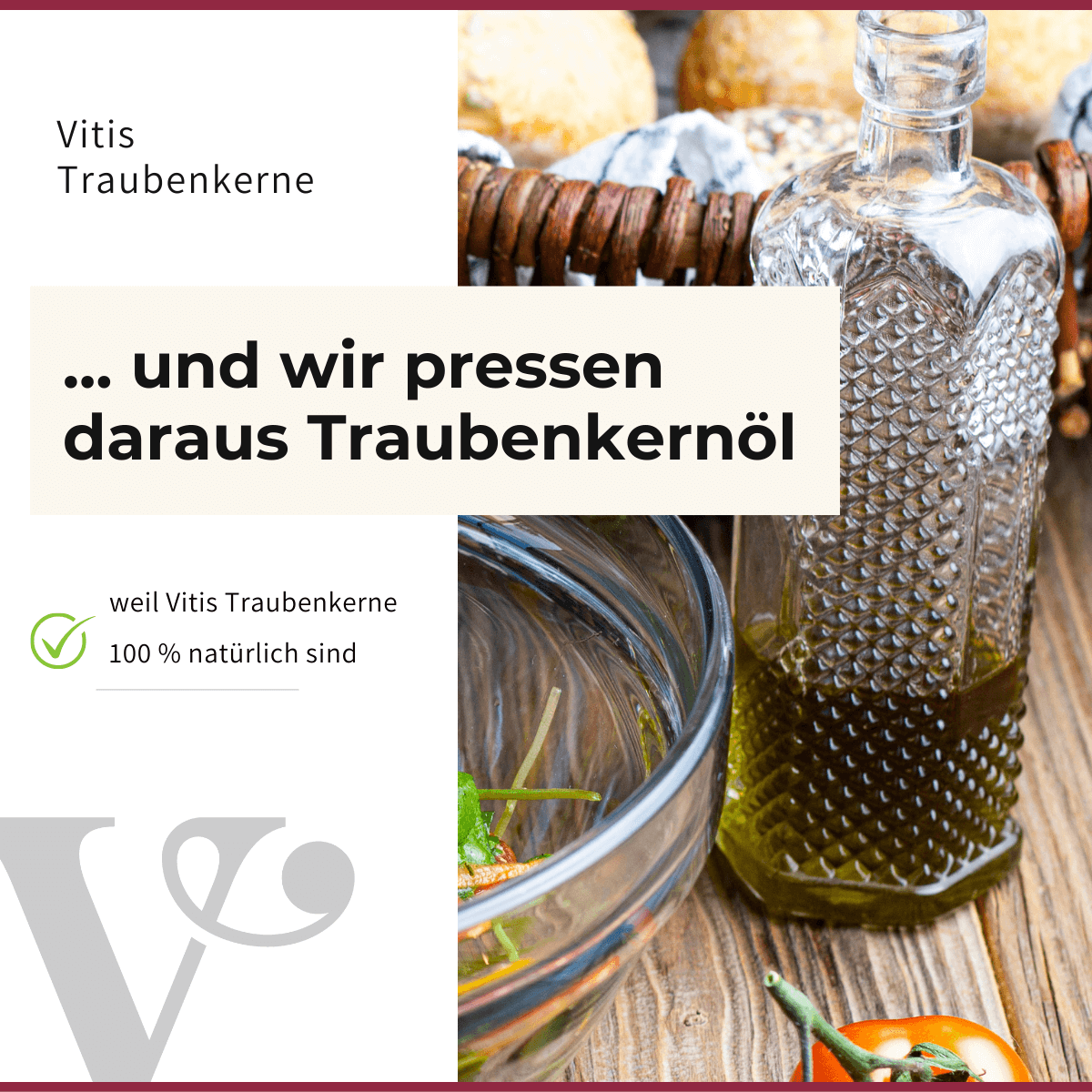 Eine durchsichtige Flasche mit Traubenkernöl von Vitis.