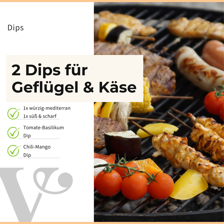 Gemüsespieße und Fleischspieße auf einem Grill mit Text zu Dips von Vitis24