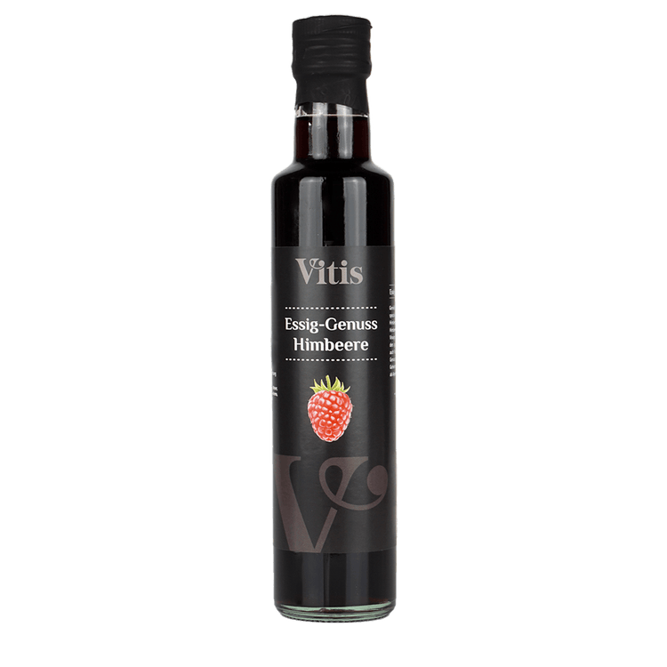 Eine Flasche mit der Bezeichnung Essig Genuss Himbeere von Vitis24.