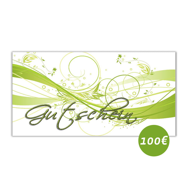 ein Bild von einem grün weißen Geschenkgutschein im Wert von 100 Euro