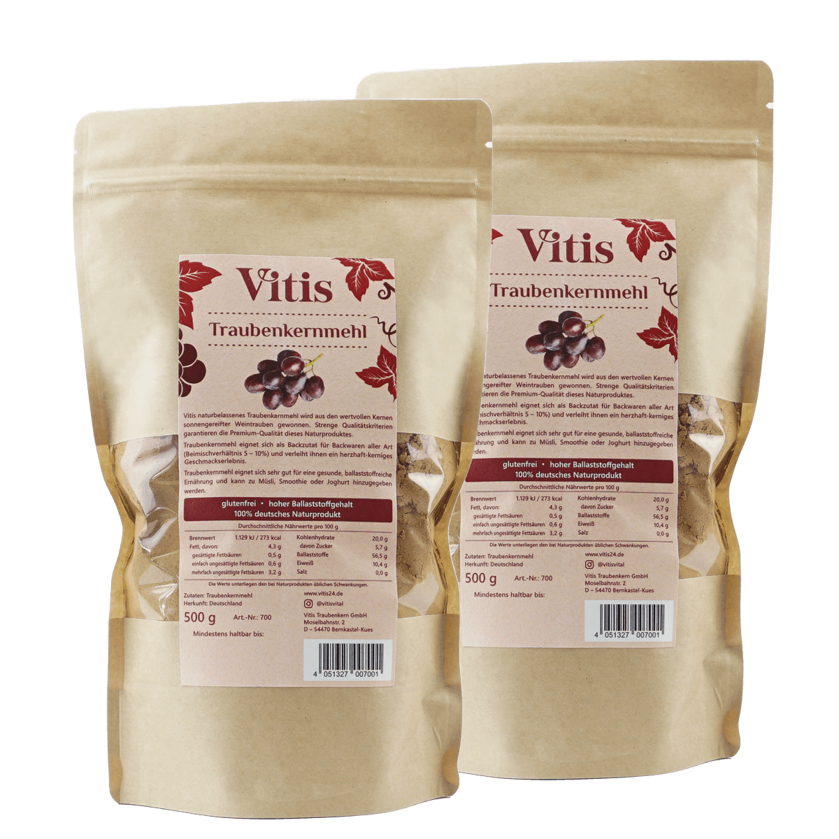 Eine Doppelpackung Traubenkernmhel mit insgesamt 1000g von der Firma Vitis Traubenkern GmbH.