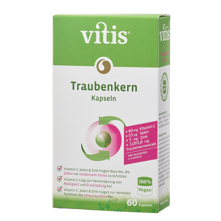 eine Packung Traubenkernkapseln von der Firma Vitis Traubenkern GmbH