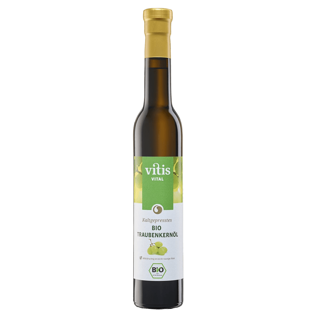 Eine Flasche Bio Traubenkernöl von der Firma Vitis Traubenkern GmbH. Verkauft wird sie bei Vitis24 auf der Website.